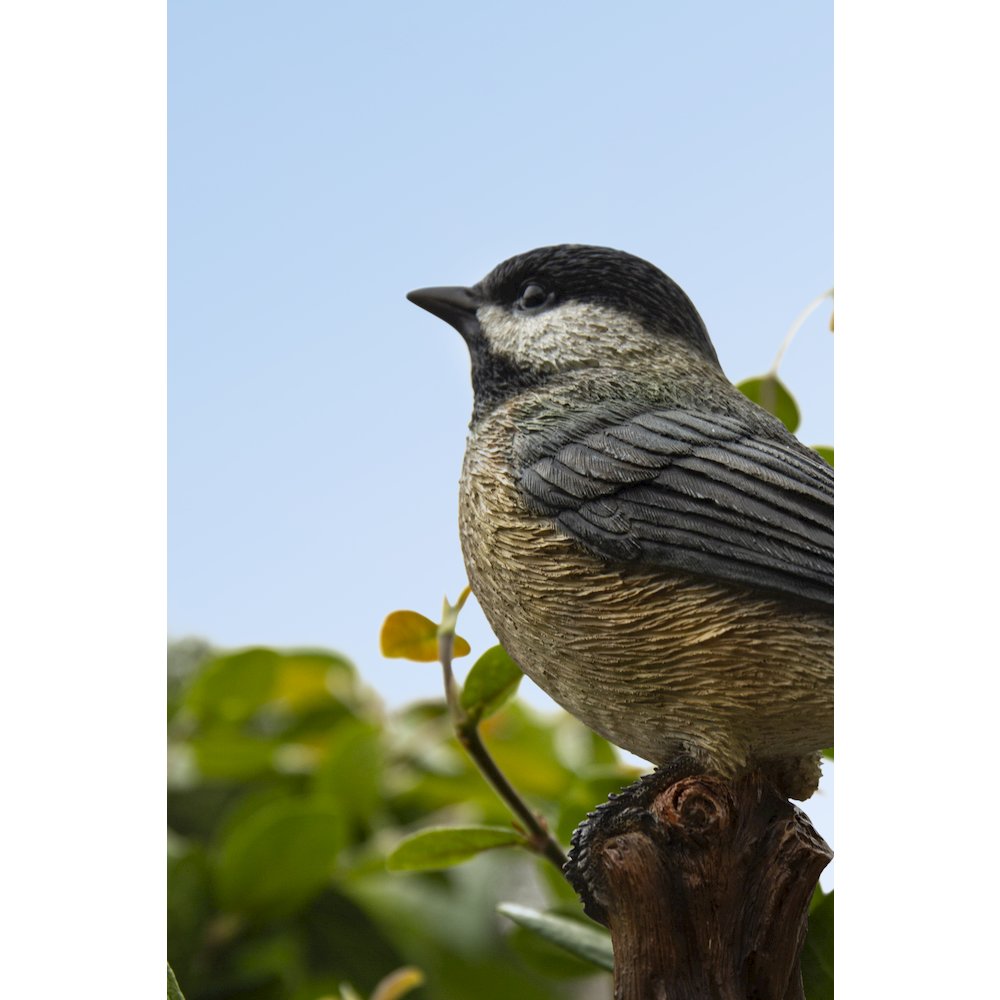 Chickadee Peeking On Stump Garden Statue. Picture 4