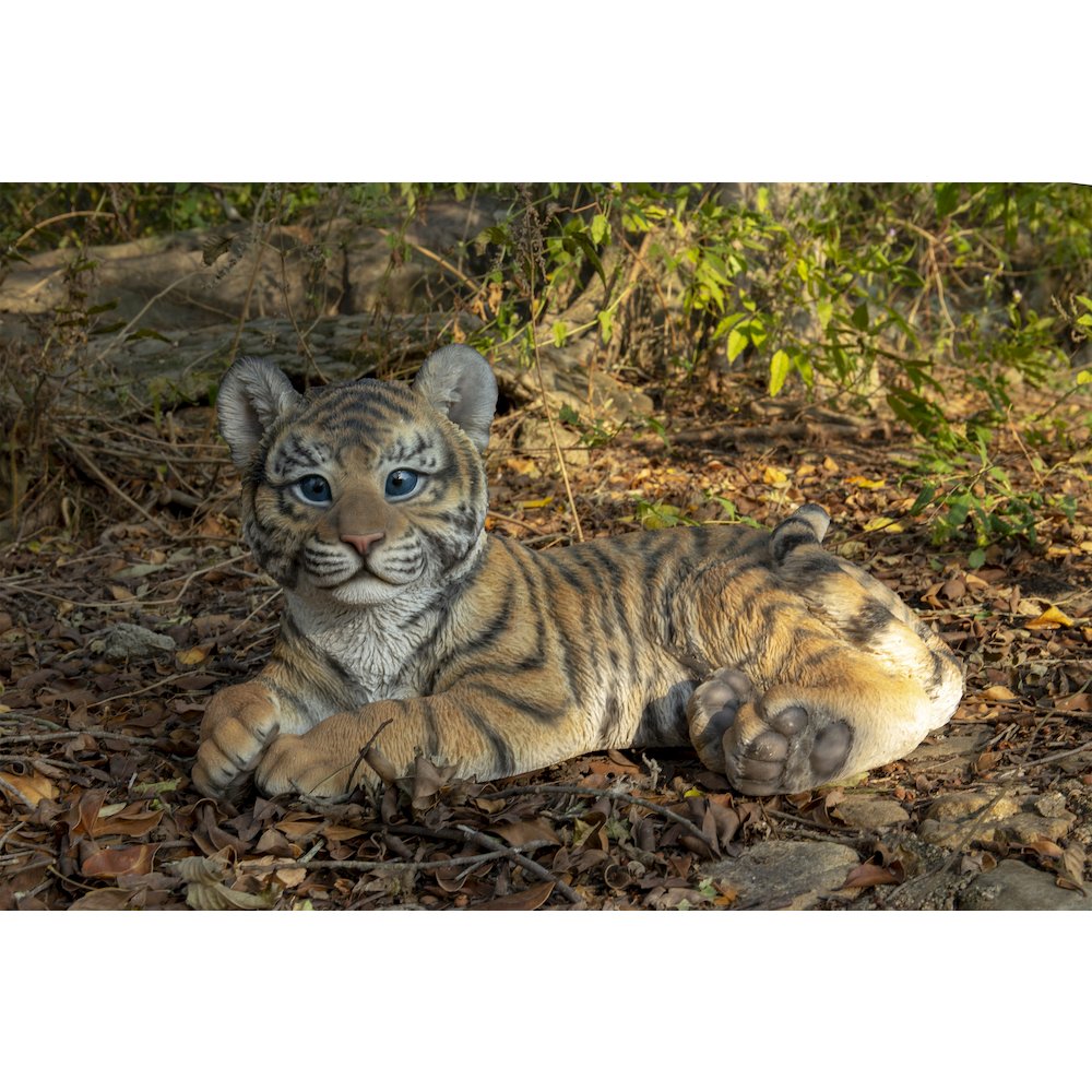 Baby Yellow Tiger Cub Laying Down Statue. Picture 8