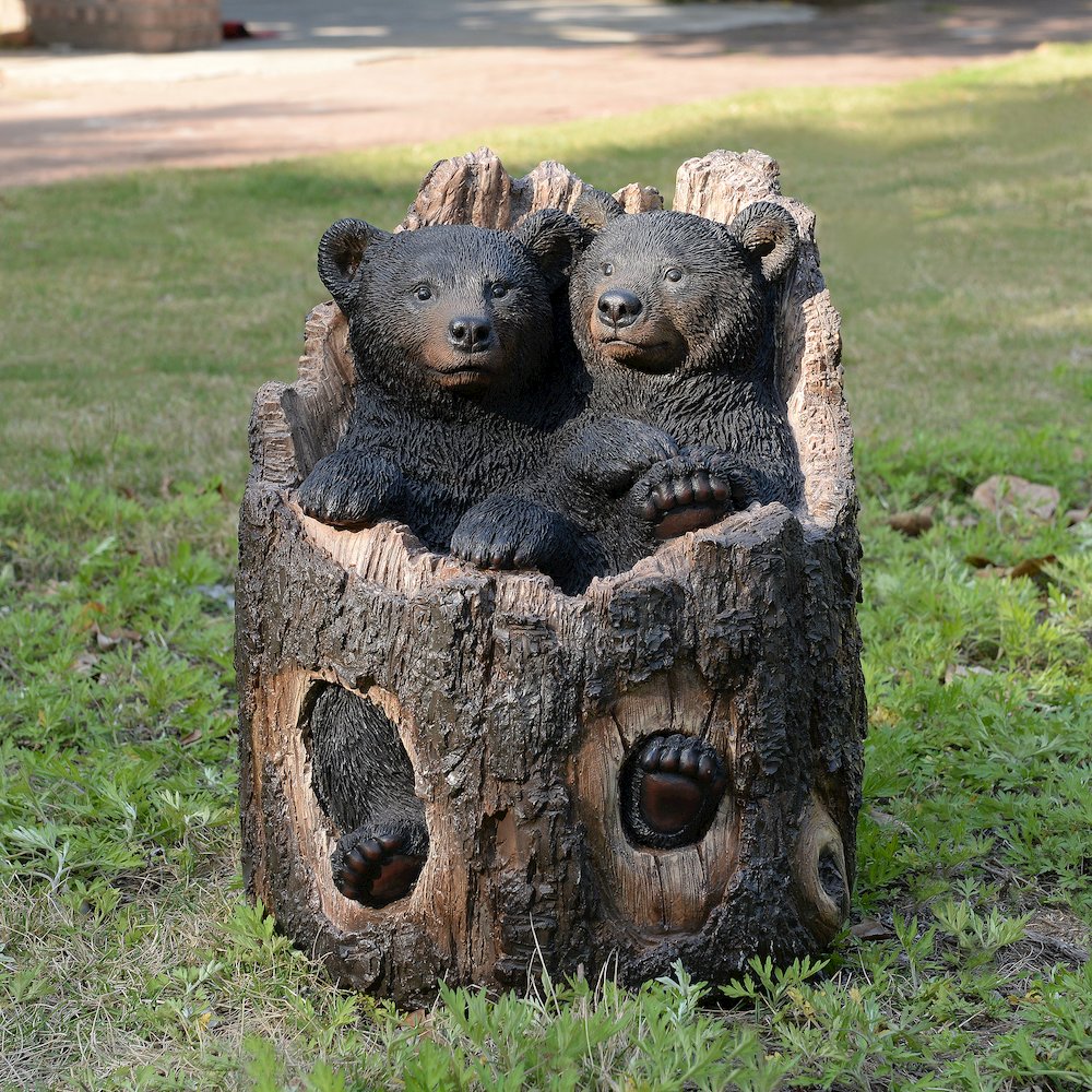 Stump Cubs Duo: Playful Polyresin Black Bear Figurine Set. Picture 2