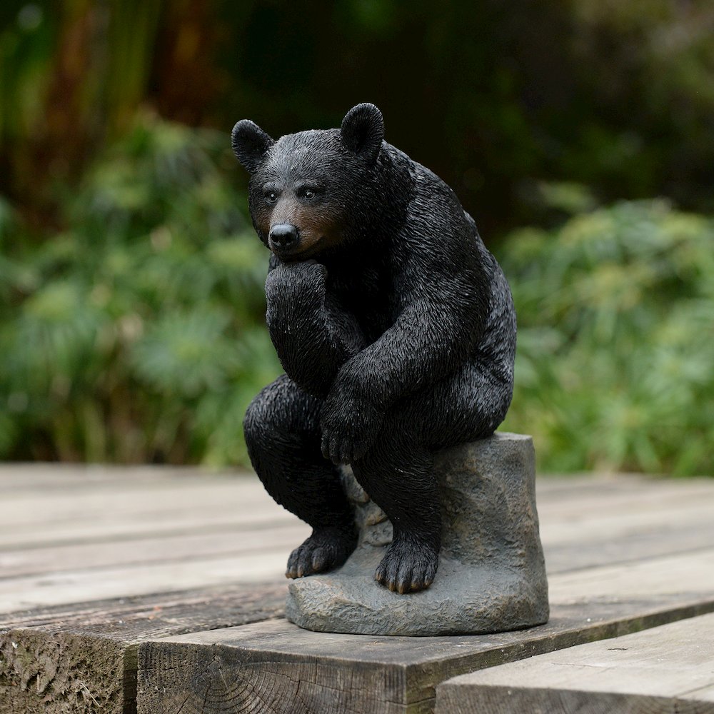 Onyx Contemplation: Intriguing Black Polyresin Thinking Bear Figurine. Picture 2