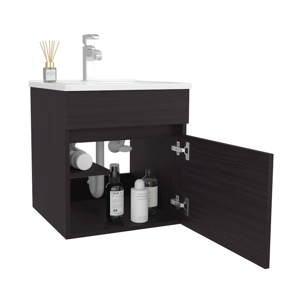 18" Wide Floating Bathroom Vanity, With One Cabinet And Two Shelves, Black. Picture 1