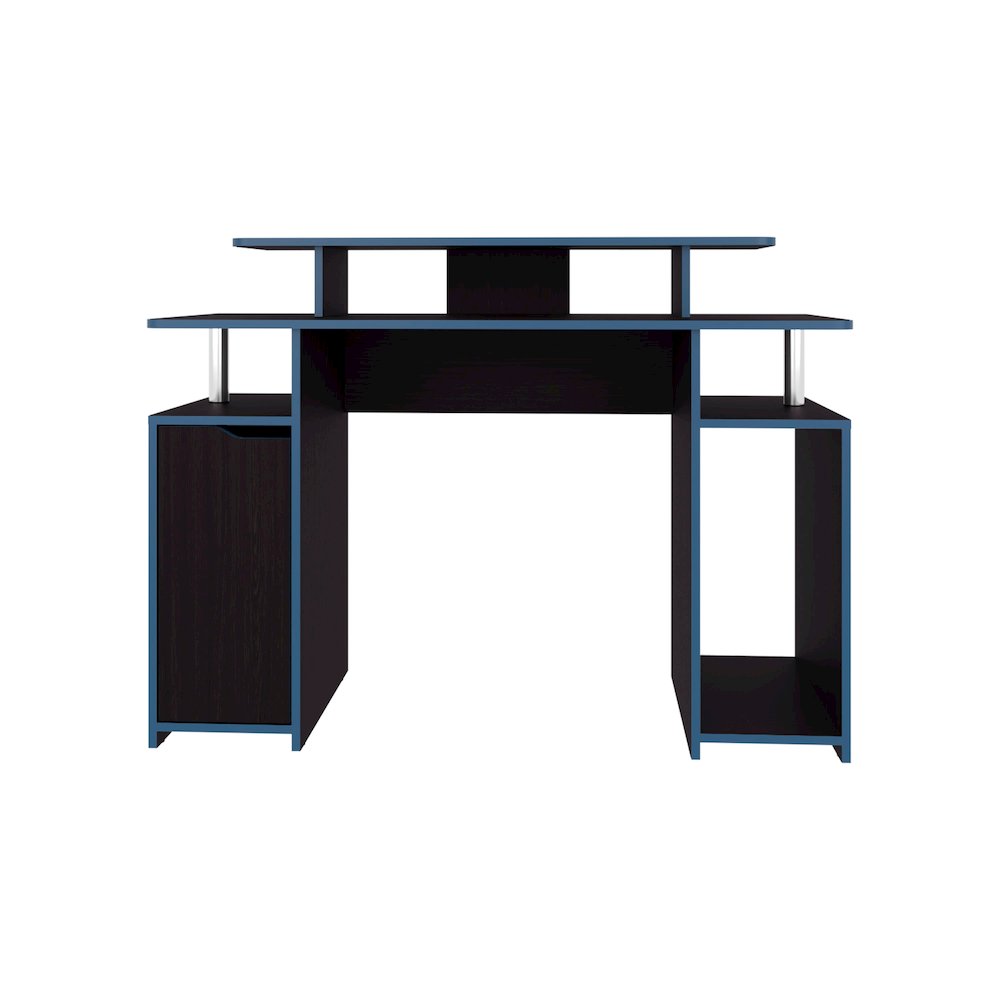 Keria 47" Wide 2-Tier Gamer Desk With Three Shelves And PC Tower Stand, Black. Picture 1