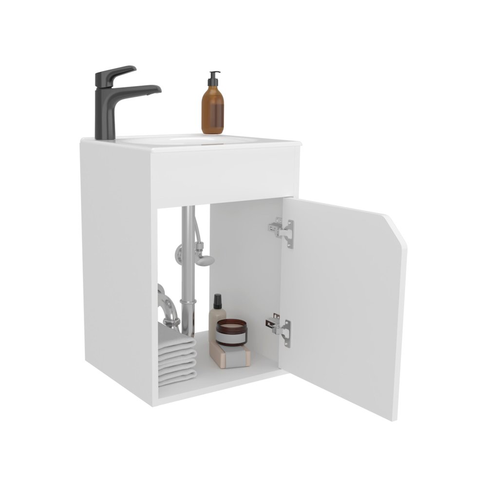 Bethel Floating Wide One-Door Vanity With Resin Sink And Two Shelves, White. Picture 3