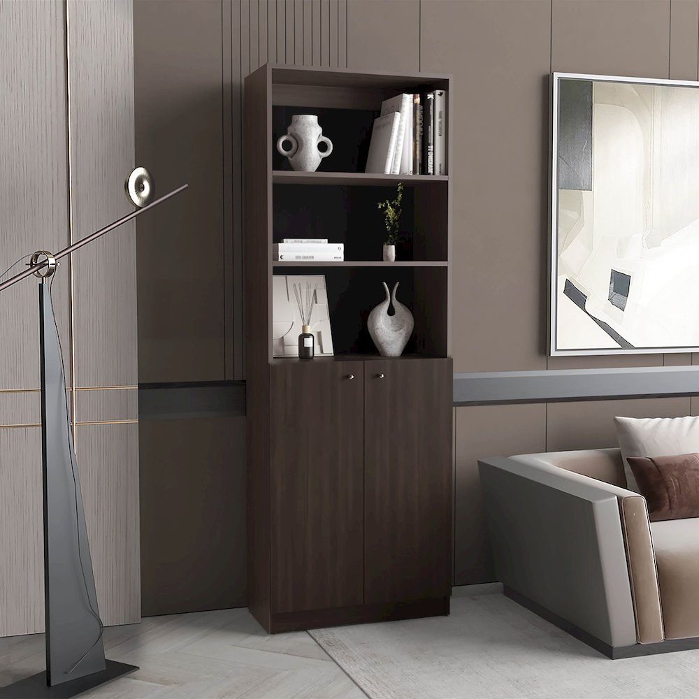 2 Door Bookcase Cronos, 2 Open Shelves And Concealed Storage, Stained Walnut. Picture 4