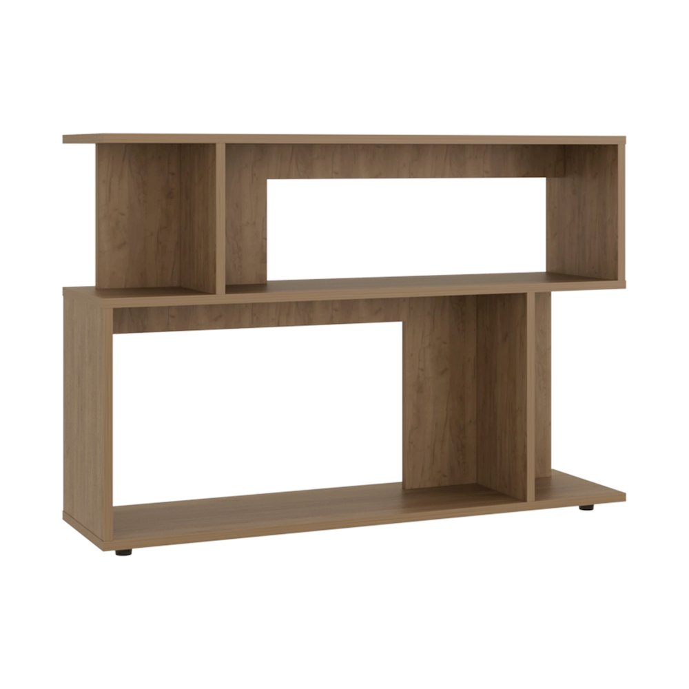 Asymmetrical Sofa SideTable with Open Storage Shelves, A Top Shelf, Natural Oak. Picture 1