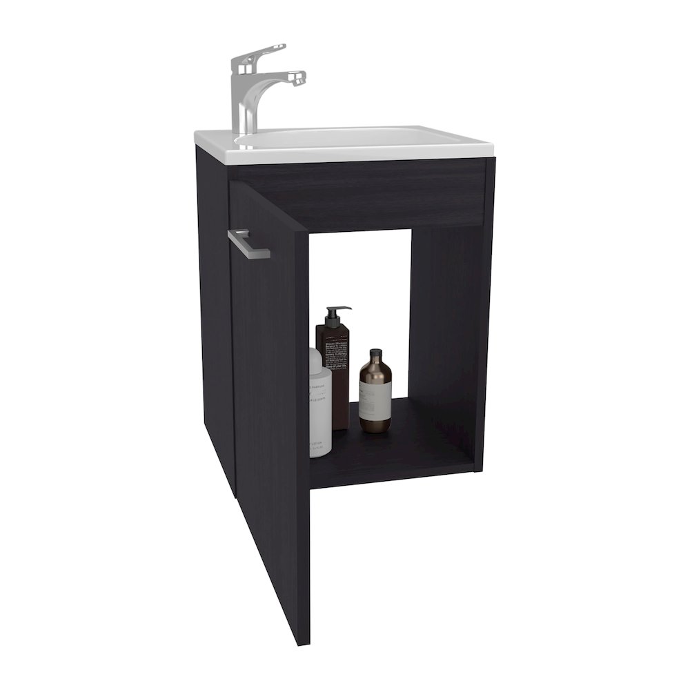 Floating, Wide One-Door Cabinet Vanity, With Resin Sink And One Shelf, Black. Picture 1