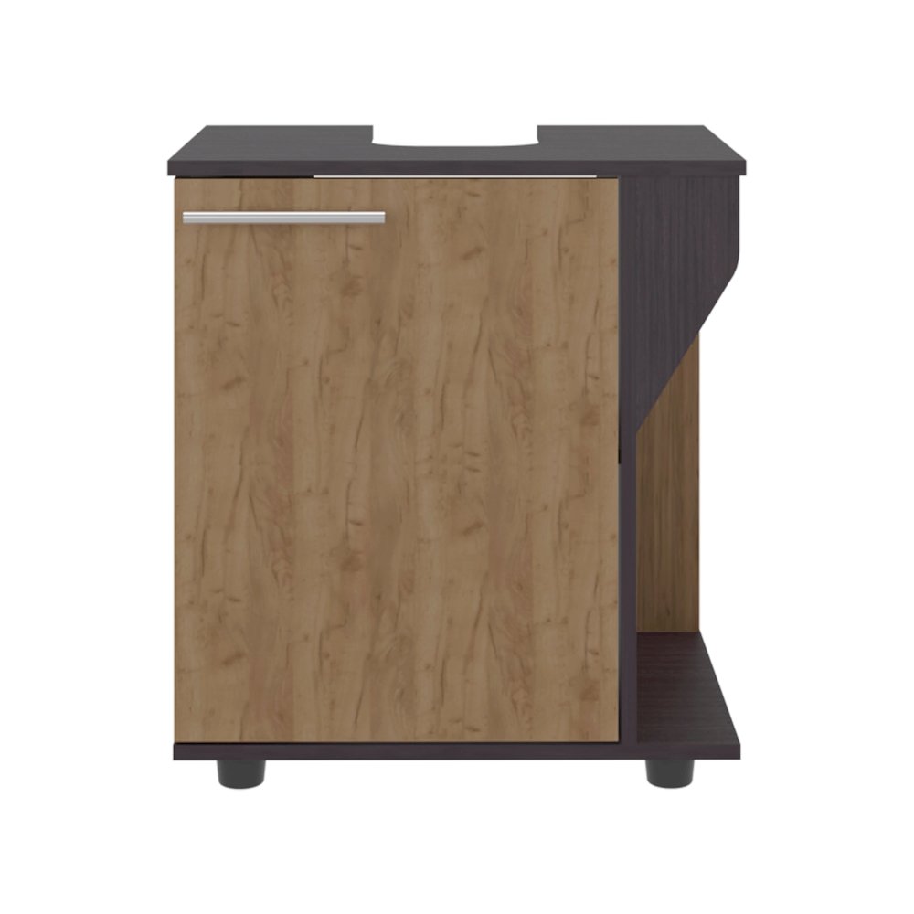 Under Sink Cabinet, Double Door Storage with Open Back, Black, Natural Oak. Picture 2