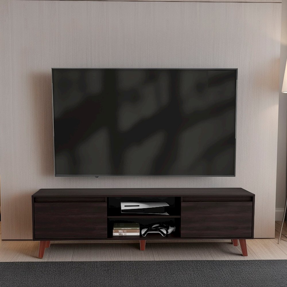 Polaris TV Stand with Open Shelves, Two Storage Shelves, Stained Walnut. Picture 4
