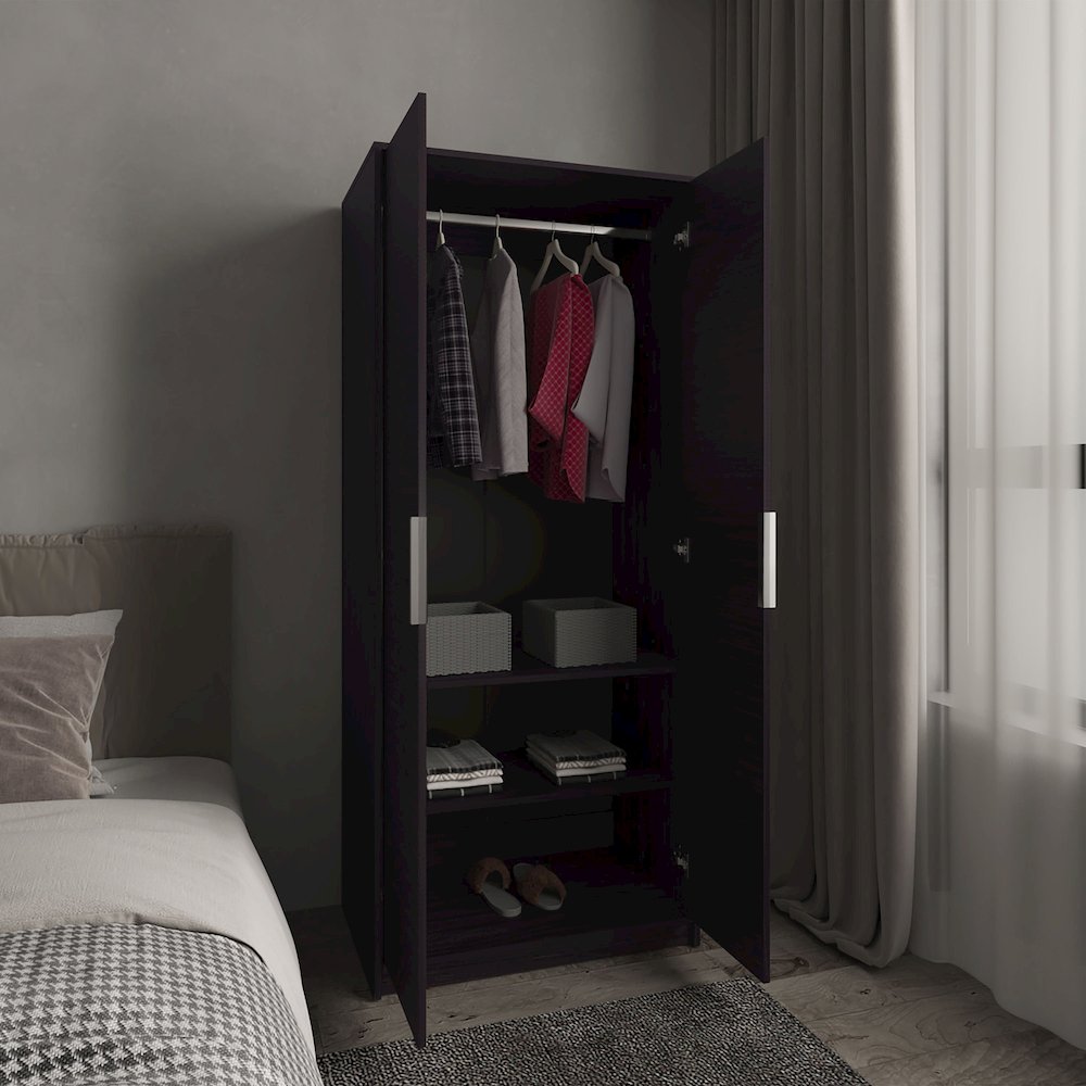 Armoire Double Doors, Hanging Rod, Interior Shelves, Freestanding Wardrobe,Black. Picture 6