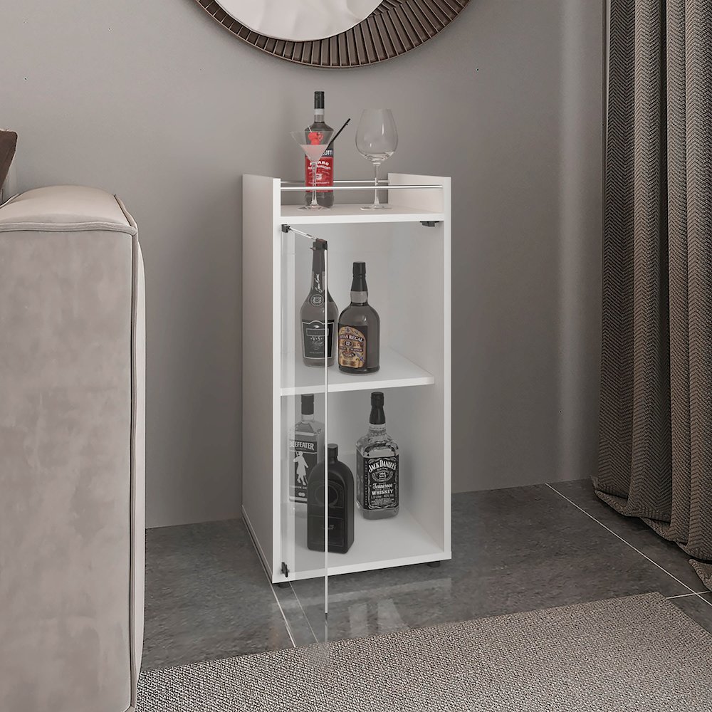 Minibar Cabinet Two Doors, Open Shelf And Compact Design, Bar Storage, White. Picture 5