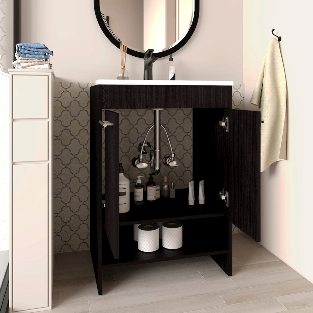 Lorenzo Floor Vanity With Four Drawers And Two Open Shelves, Black. Picture 5