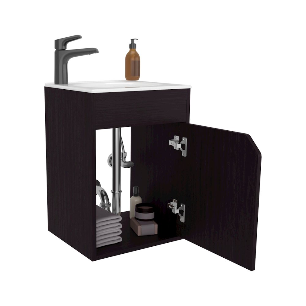 Bethel Floating Wide One-Door Vanity With Resin Sink And Two Shelves, Black. Picture 1