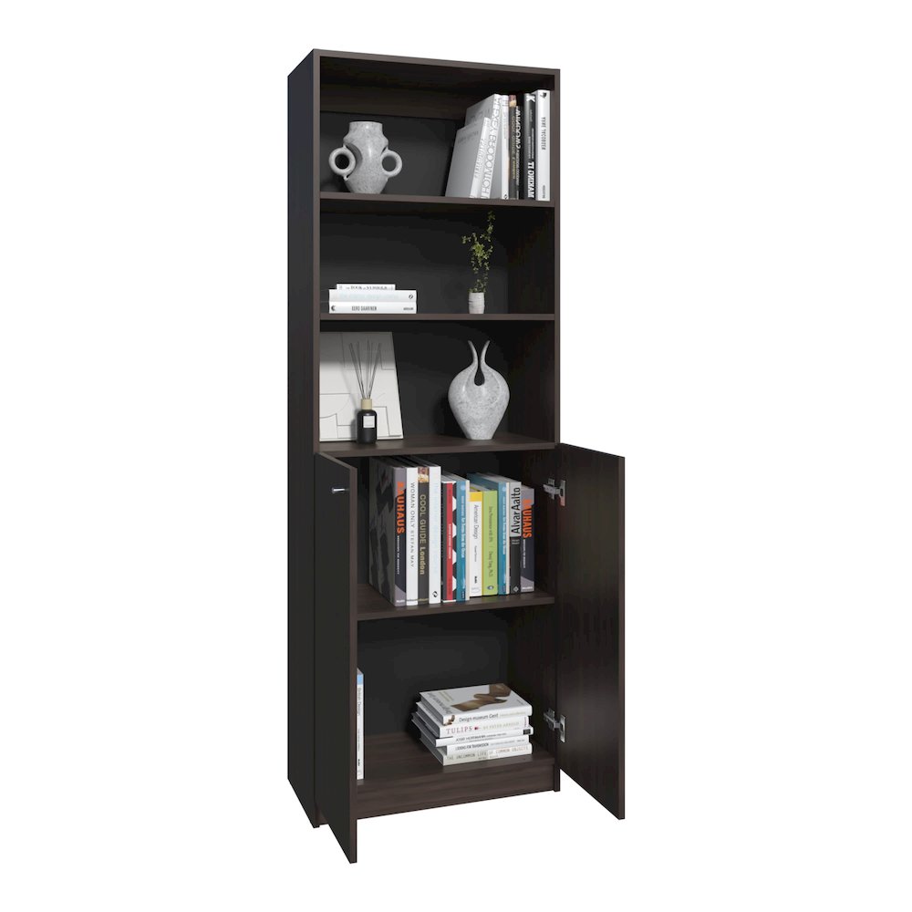 2 Door Bookcase Cronos, 2 Open Shelves And Concealed Storage, Stained Walnut. Picture 2