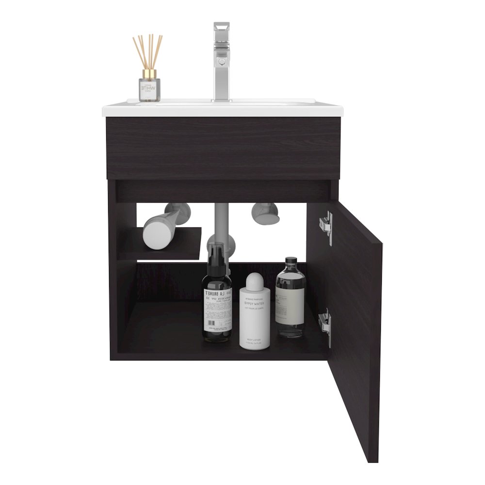 18" Wide Floating Bathroom Vanity, With One Cabinet And Two Shelves, Black. Picture 2