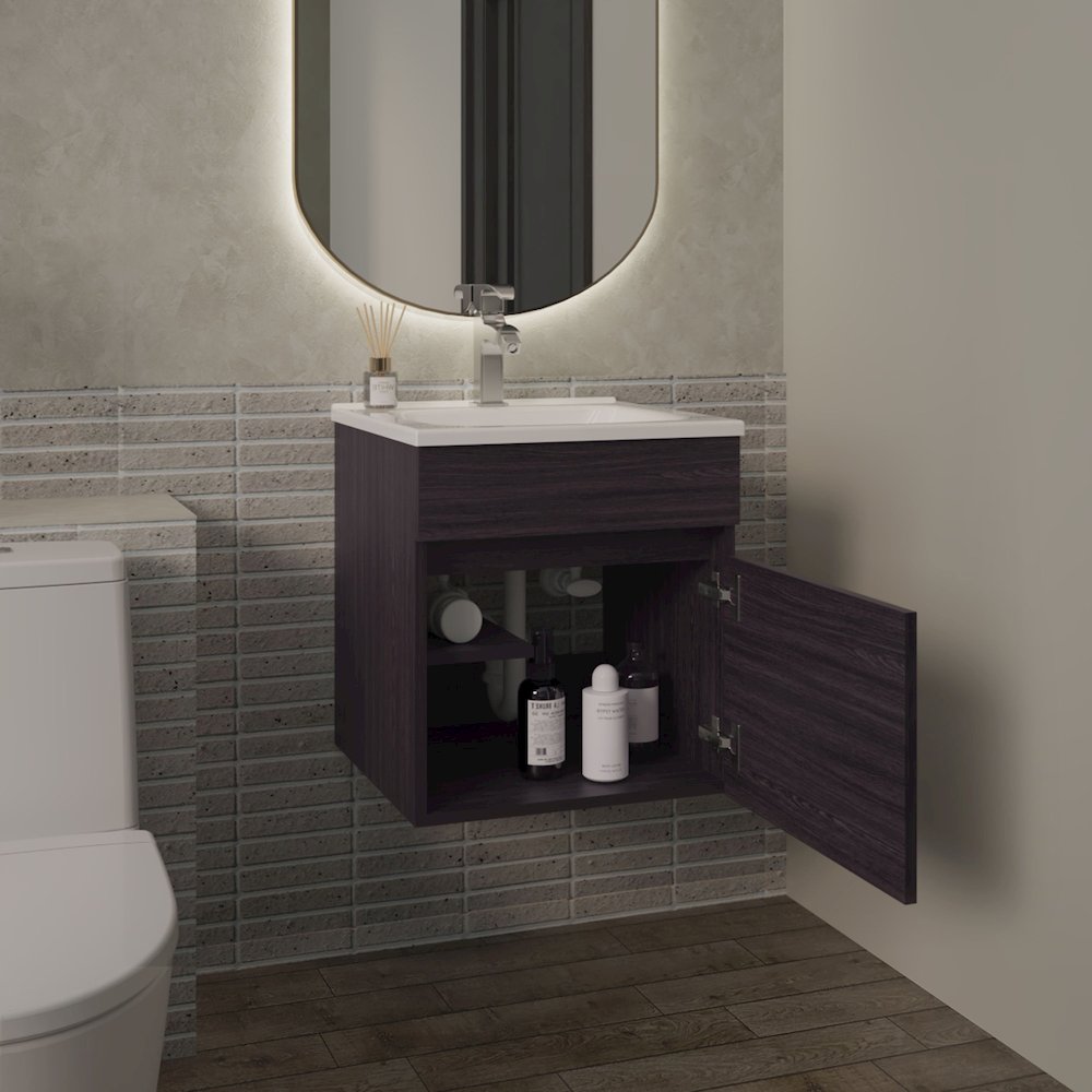 18" Wide Floating Bathroom Vanity, With One Cabinet And Two Shelves, Black. Picture 5