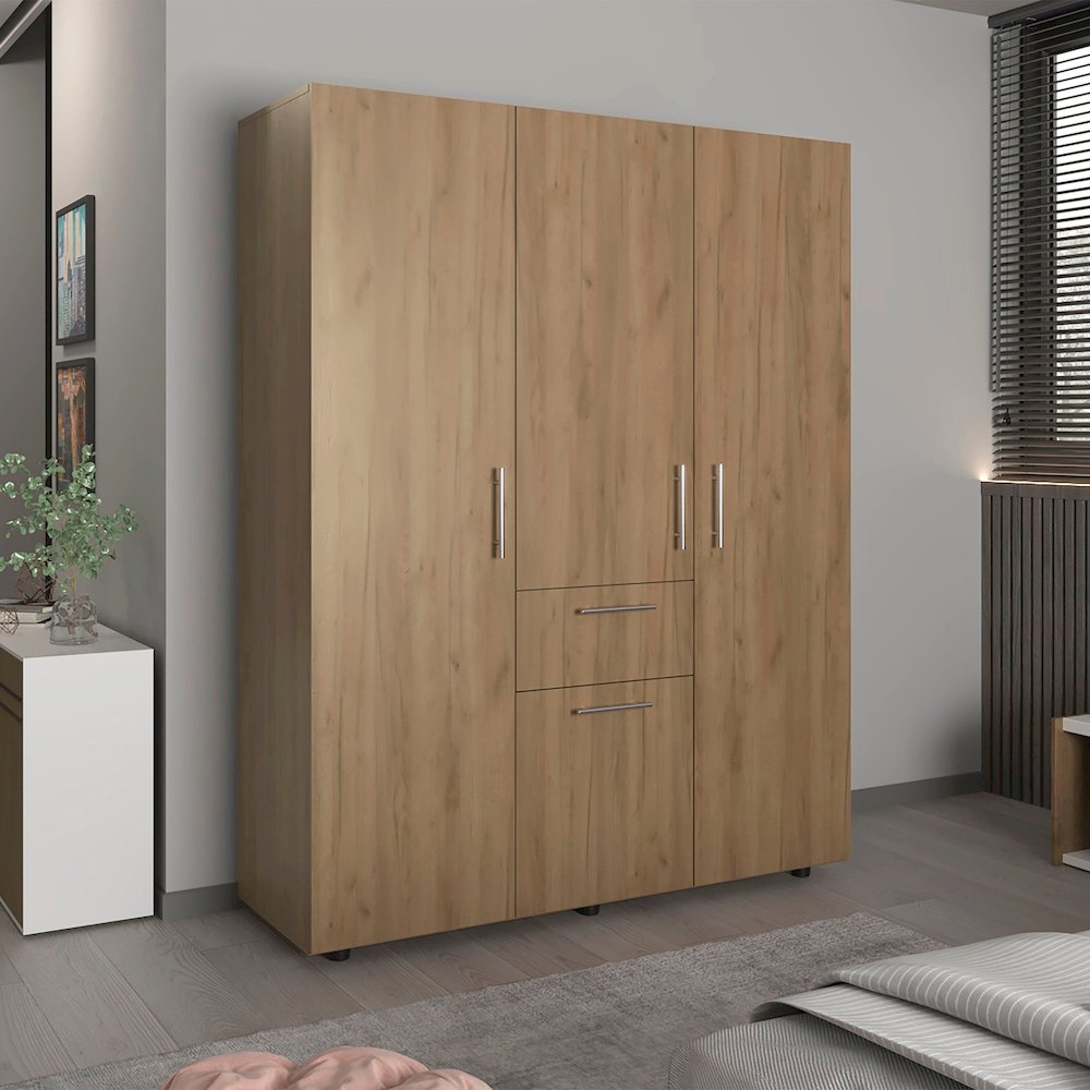 Four-Door, One Drawer Armoire With Three Hanging Rods, Seven Shelves,Natural Oak. Picture 1