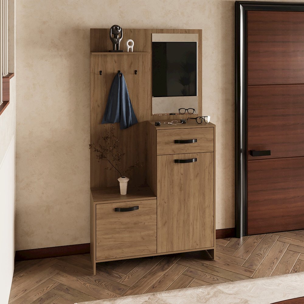 Parker 75" Tall Hall Tree Natural Oak MDF. Picture 4