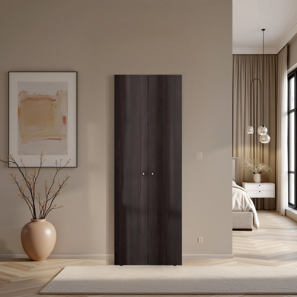 2 Door Closet System, Four Fixed Shelves, Compact Wardrobe, Stained Walnut. Picture 4