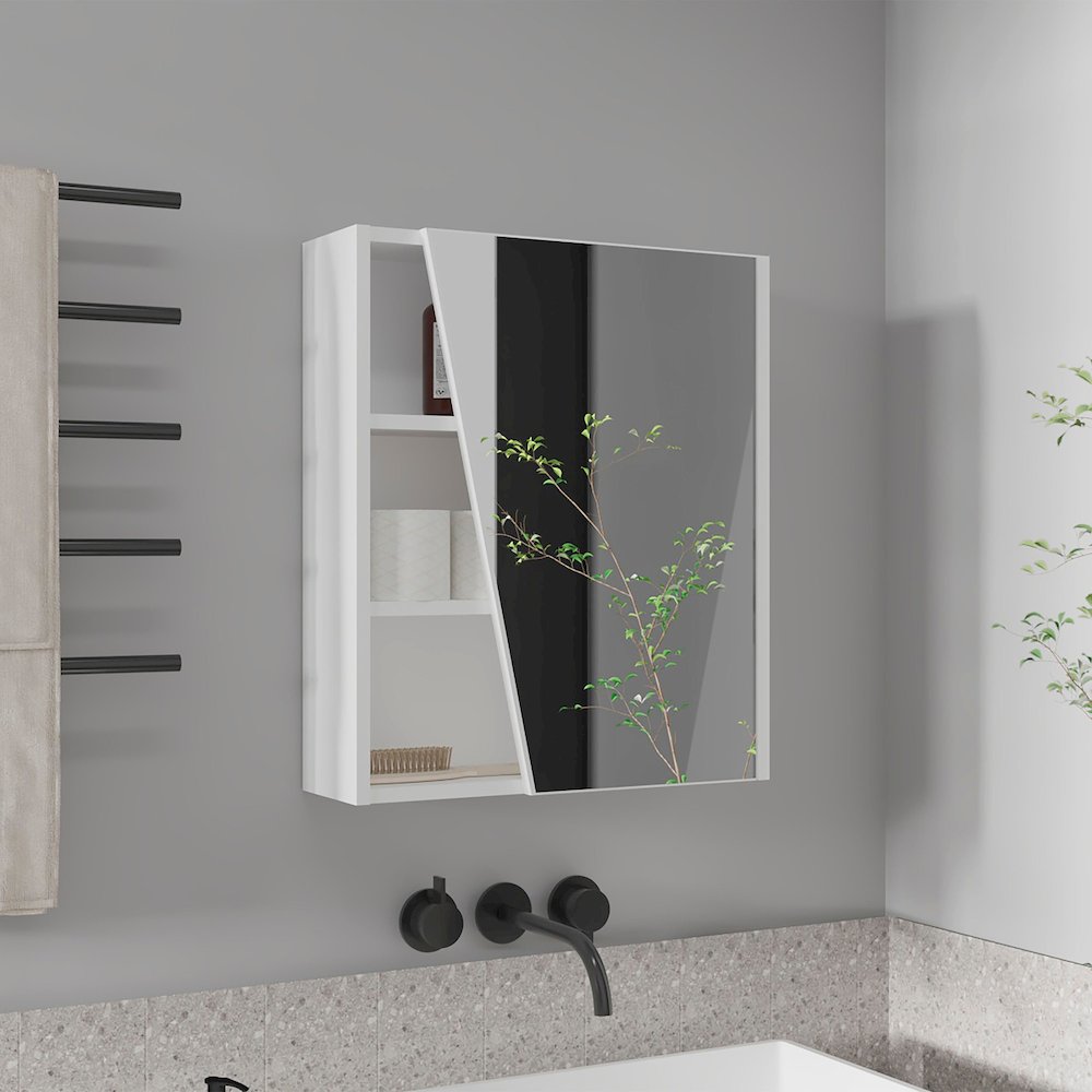 Wall-Mounted Mirror Medicine Cabinet With One Door, Four Open Compartments,White. Picture 4