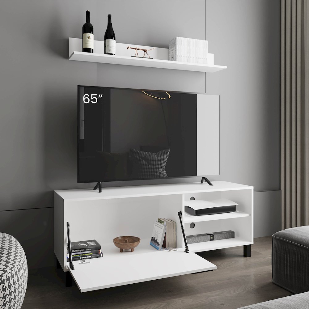 Tv Stand Two Doors, Open Shelves And Spacious Top Surface, White. Picture 5