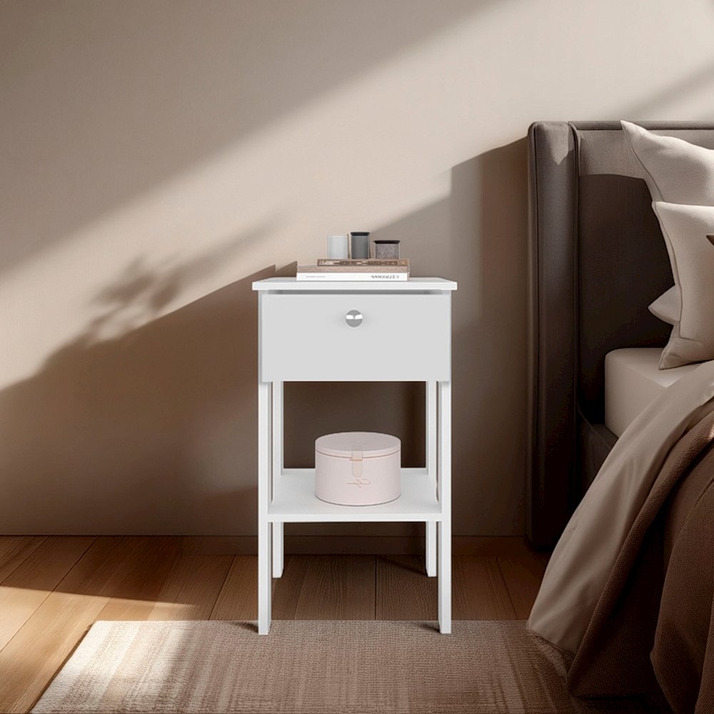 Newcastle Nightstand With One Drawer And Open Shelf, Modern Bedside Table, White. Picture 5
