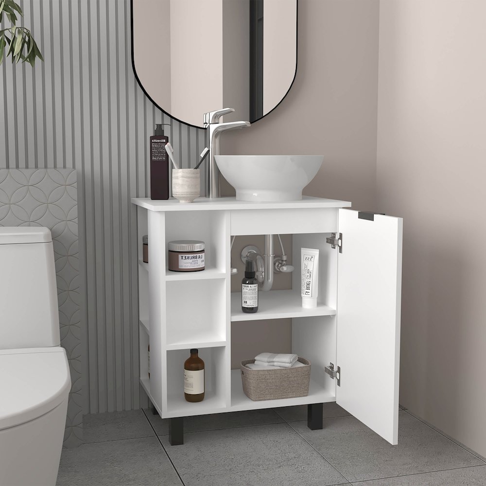 Floating  Vessel Sink Bathroom Vanity, Double Doors, And Storage Shelf, White. Picture 5