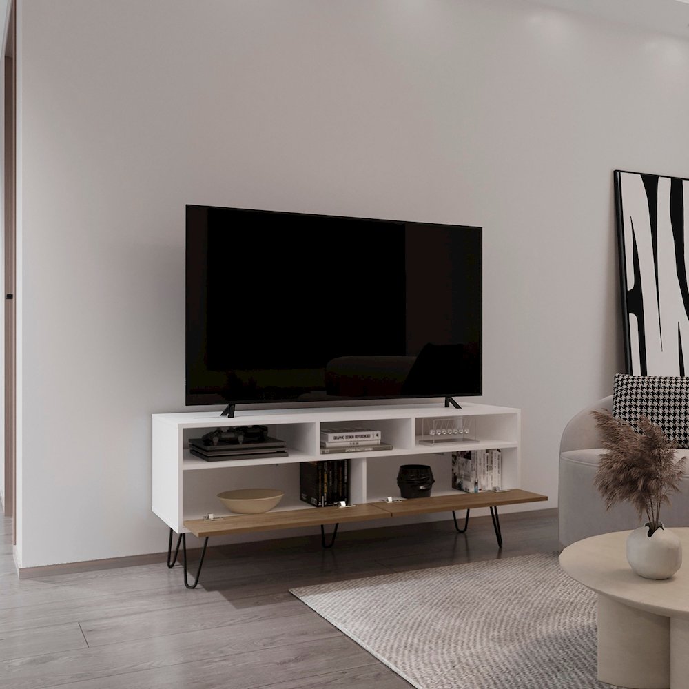 Tori 54" Wide TV Stand White - Natural Oak MDF. Picture 5