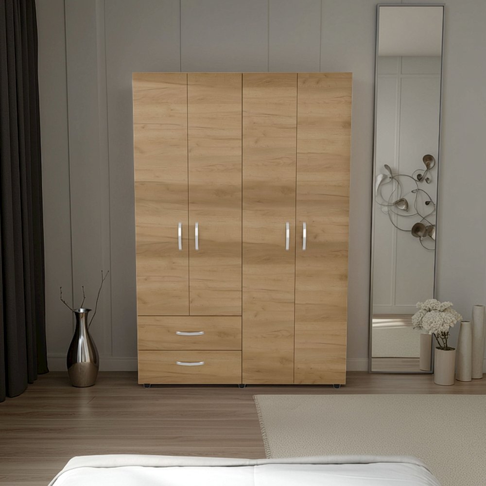 Armoire with 4 Doors, 2 Drawers, And 2 Hanging Rod, Storage Cabinet, Natural Oak. Picture 4