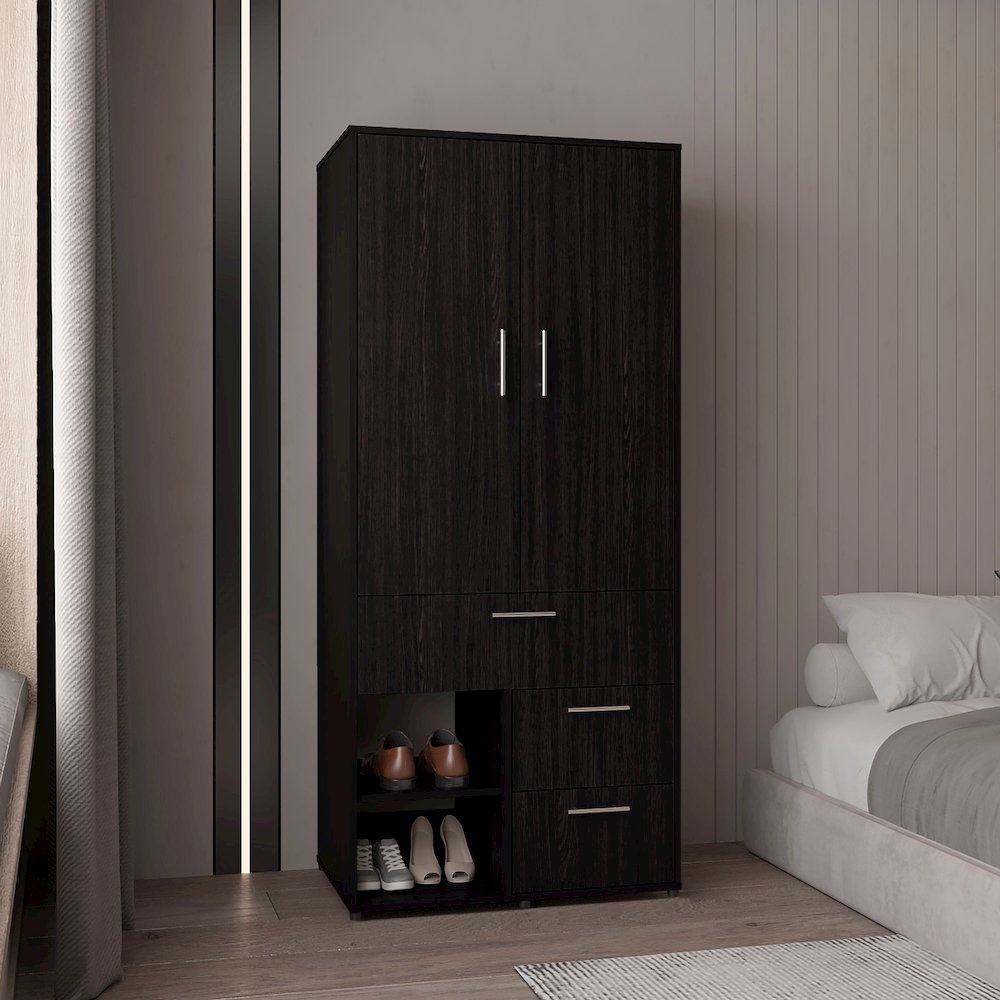 Alpine Armoire With Double Doors, Internal Shelves And Hanging Rod, Black. Picture 3