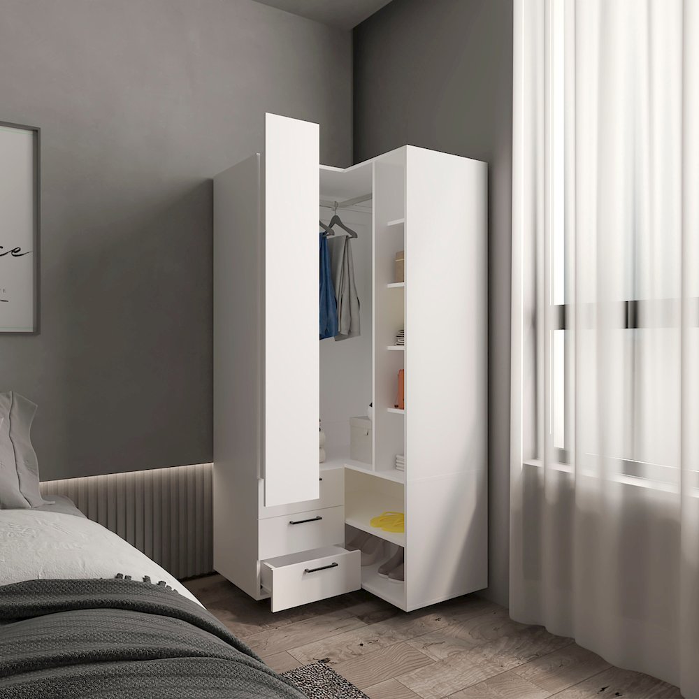 Corner Armoire With Double Doors, Interior Shelves, Space-Saving Wardrobe, White. Picture 5