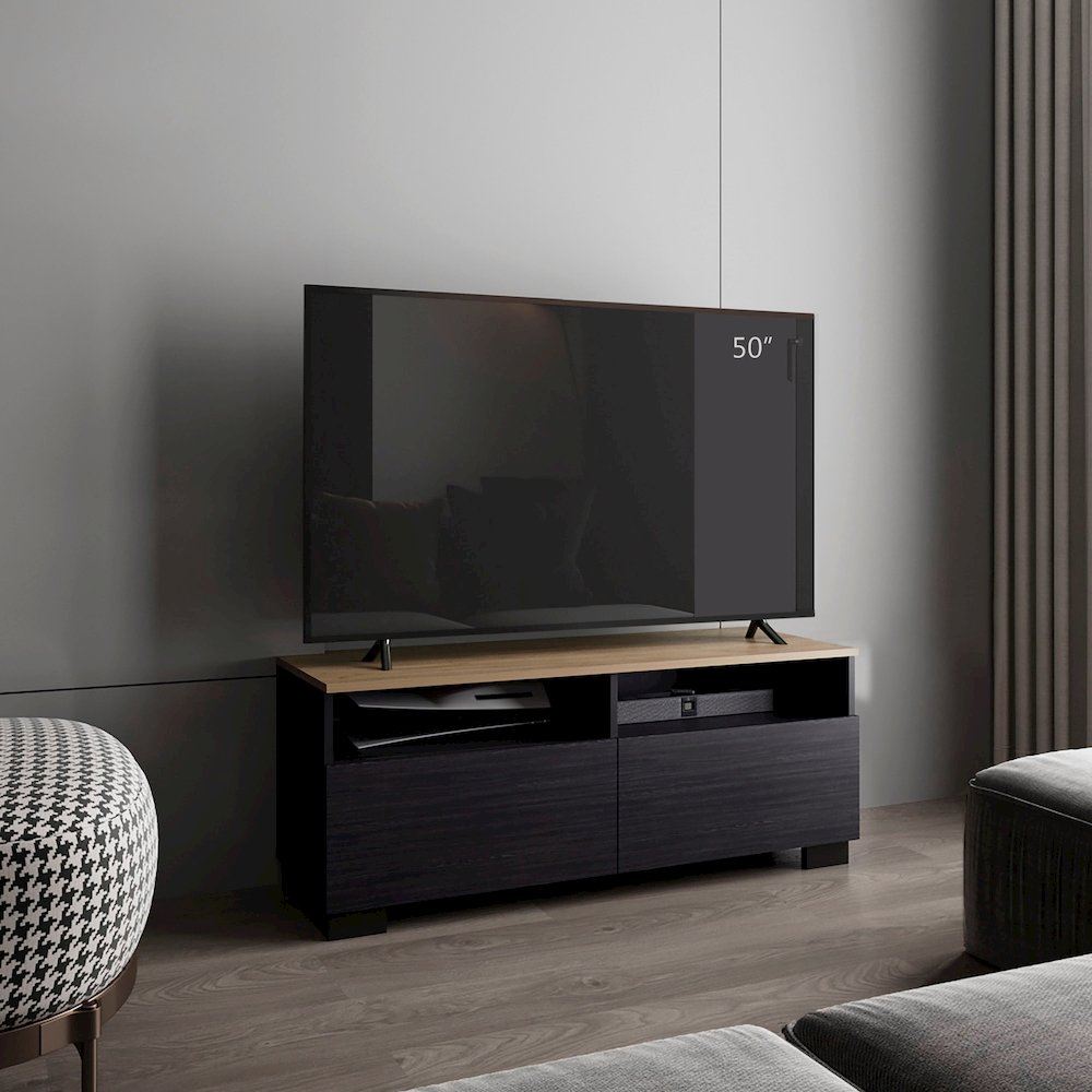 TV Stand with Open Shelves and Compact Profile, Black - Natural Oak. Picture 4