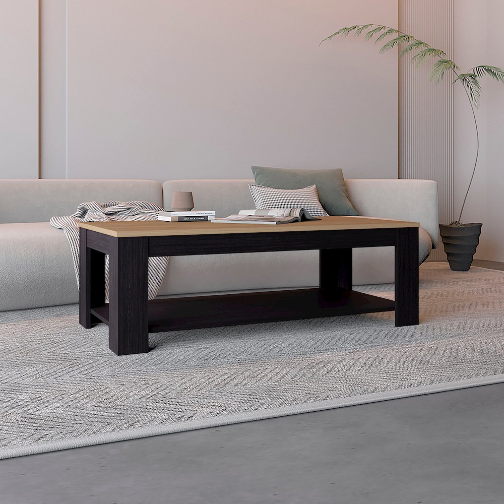 Cecil Coffee Table with Open Storage Shelf for Decor, Modern Design, Natural Oak. Picture 4
