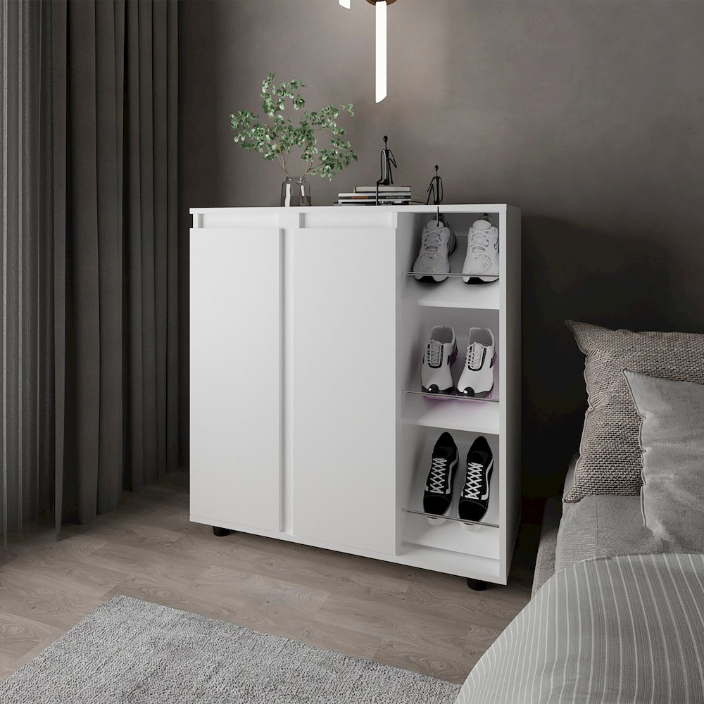 Shoe Rack with 3 Side Tiers, Compact Storage for Shoes, Boots, White. Picture 4