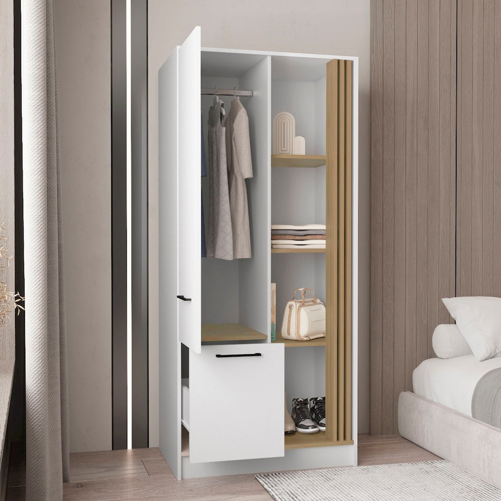 Armoire With Double Doors, Interior Hanging Rod And Shelves,  Natural Oak. Picture 3