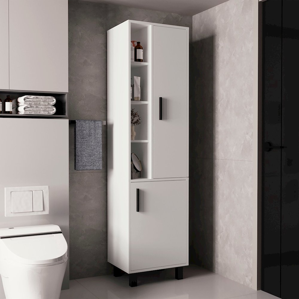 Stanton Tall Storage Cabinet With Two Doors And Three Open Shelves, White. Picture 4