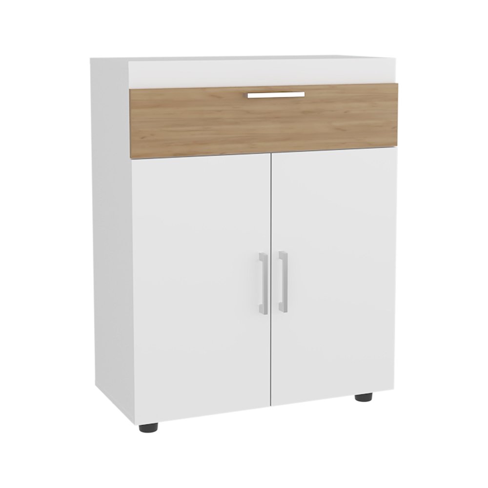 Shoe Rack With Double Doors, Interior Shelves, White/ Natural Oak. Picture 1