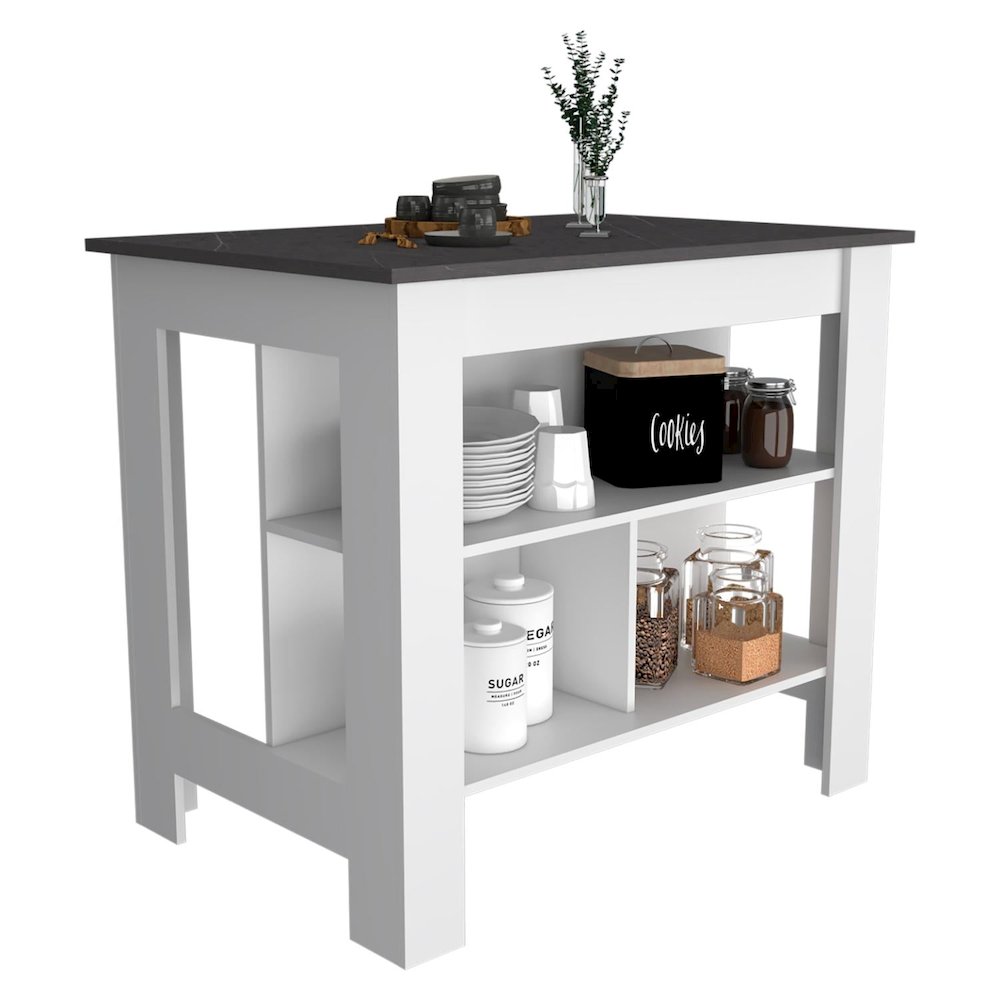 Cala Kitchen Island, Four Legs, Three Shelves White / Onyx. Picture 3