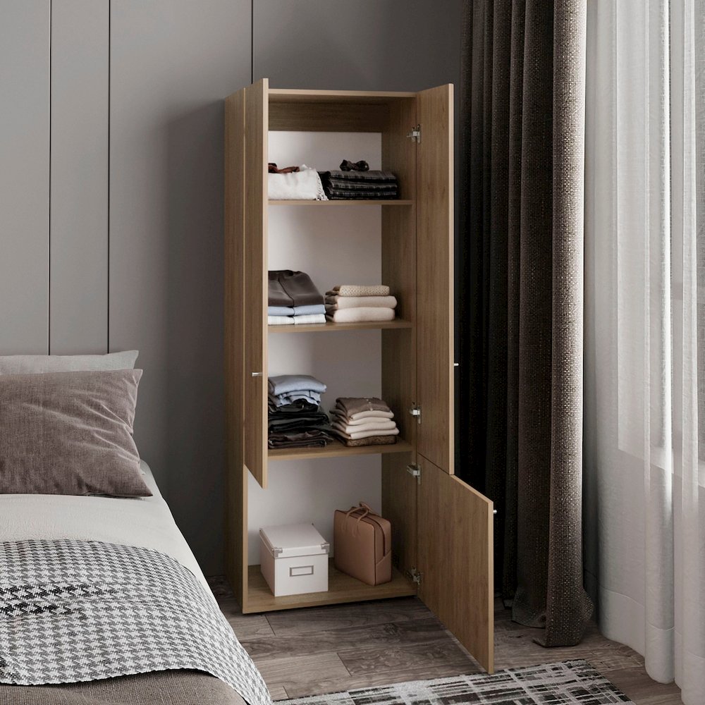3 Door Closet System with Hanging Rod for clothes, Interior Shelves, Natural Oak. Picture 5