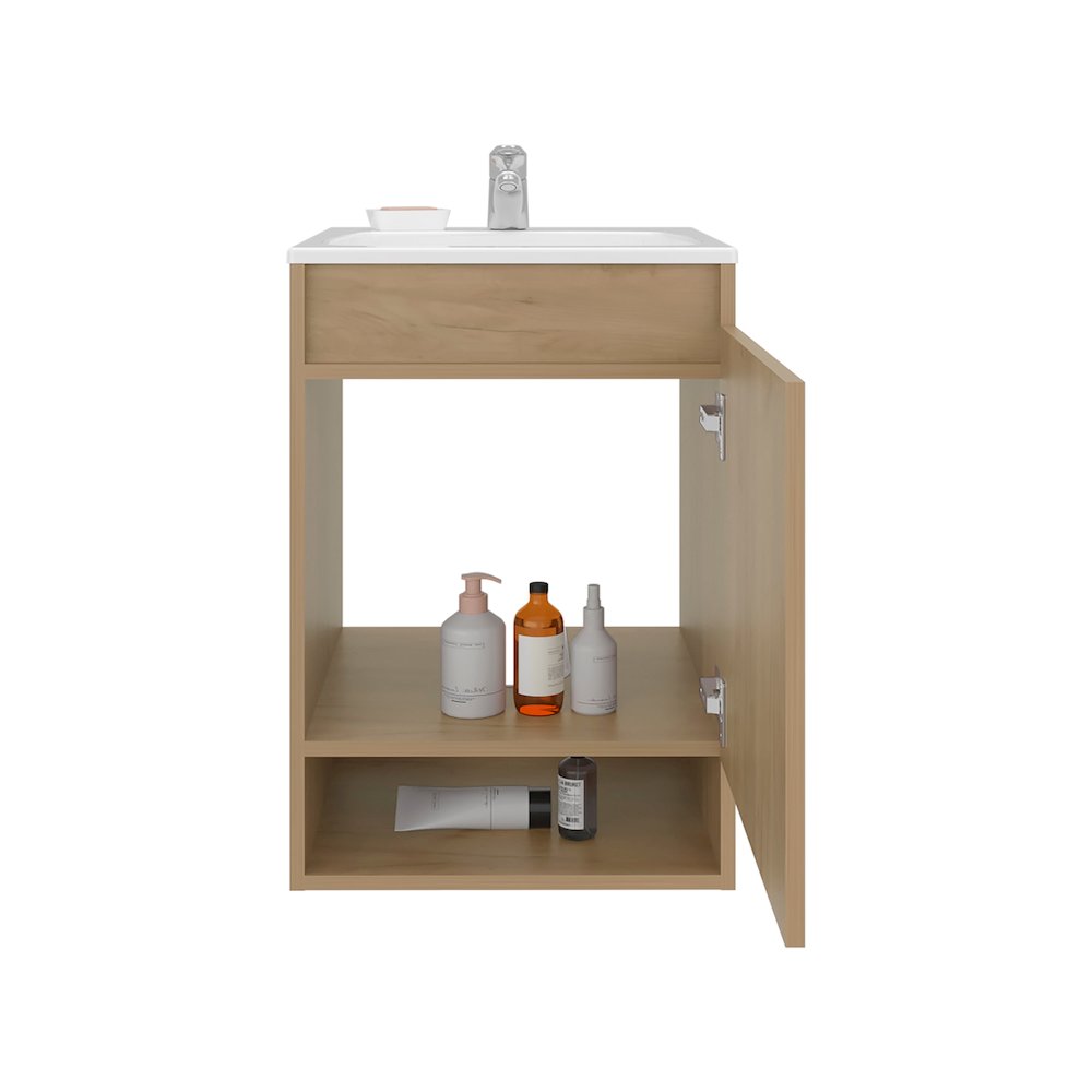 Floating, Wall-Mounted Vanity Bathroom Vanity With One Door Cabinet, Natural Oak. Picture 1