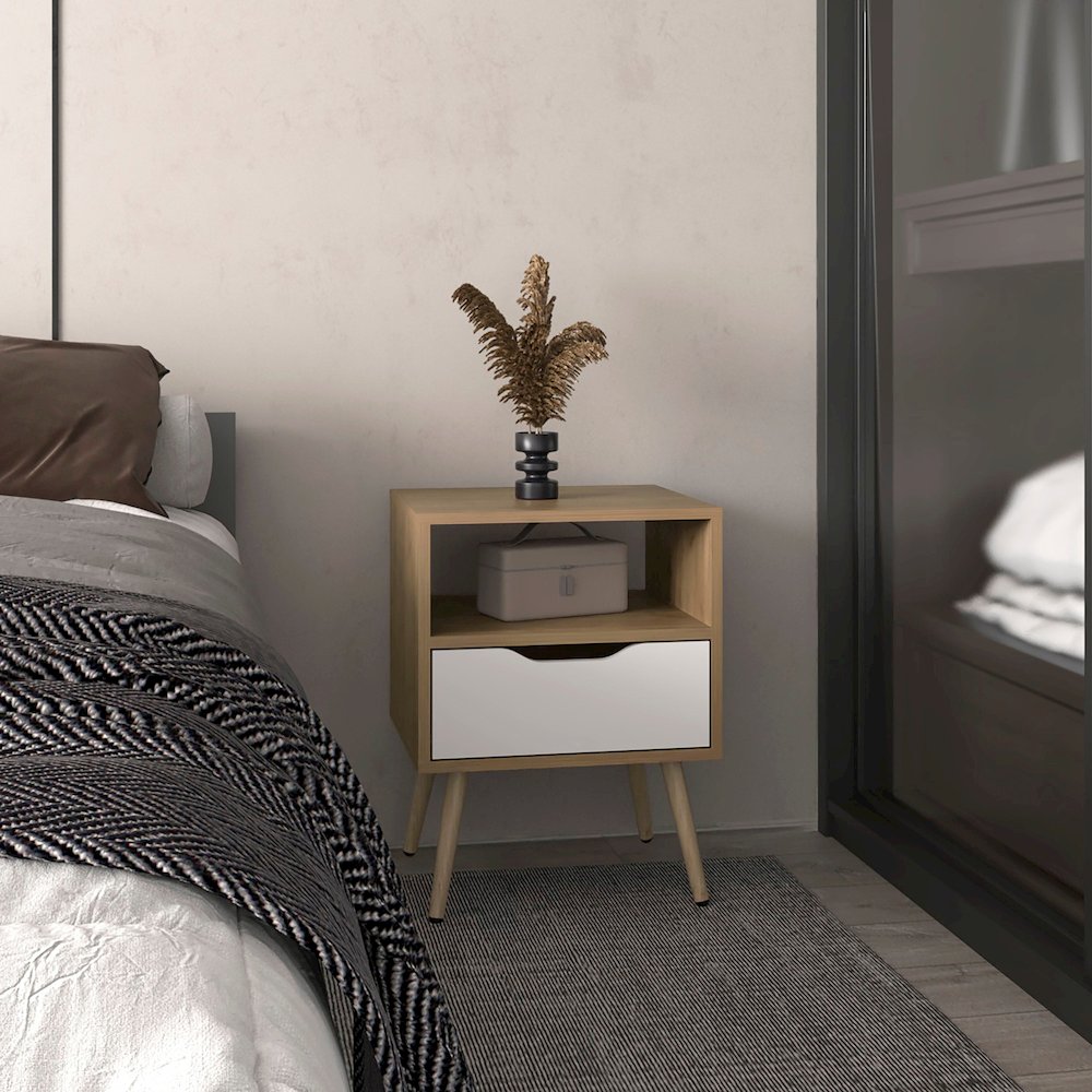 Wenden 21" High Nightstand, One Drawer, One Open Shelf, Natural Oak, White. Picture 5