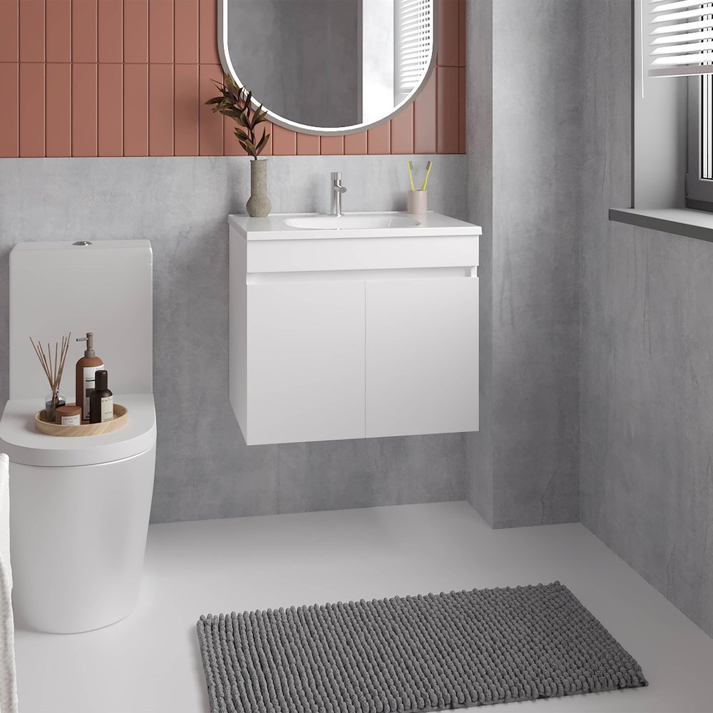 Chaux Floating, Wide Double Door Vanity, With Resin Sink And Two Shelves, White. Picture 4