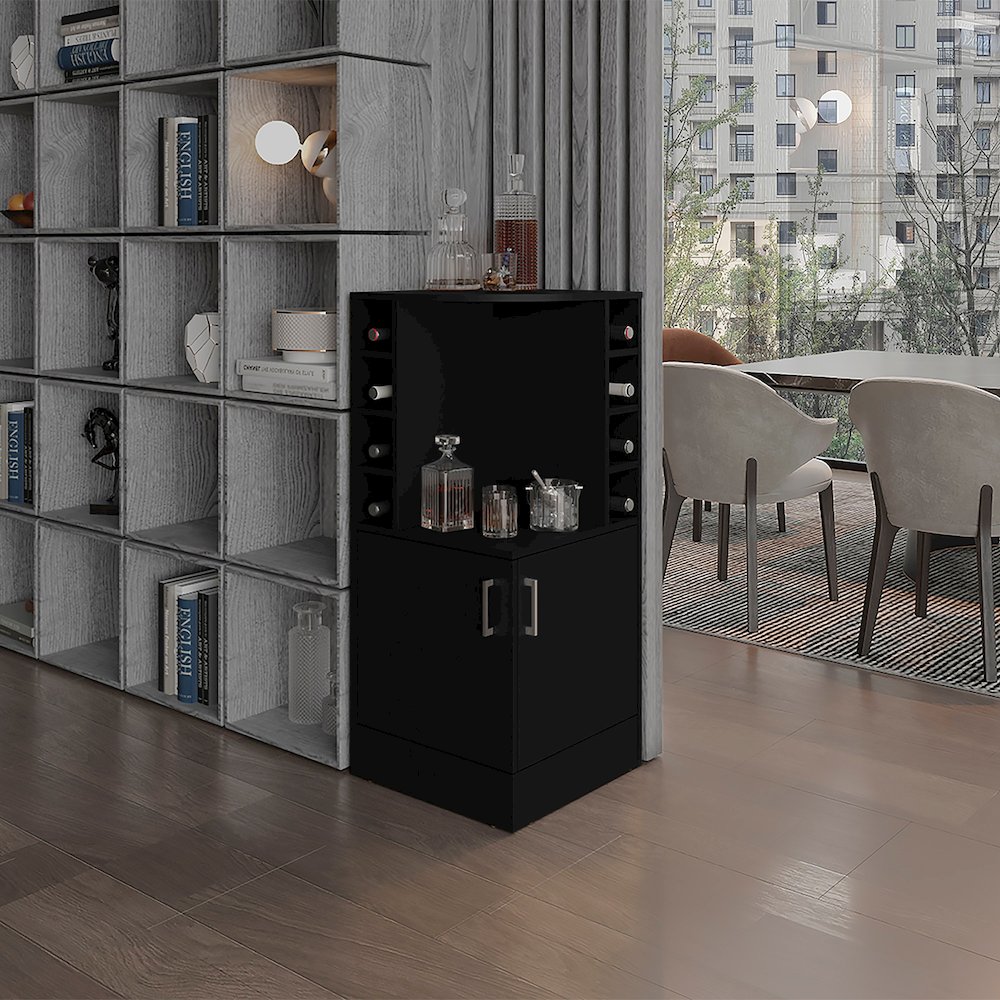 Jakes 42" Tall Corner Bar Cabinet Black MDF. Picture 4