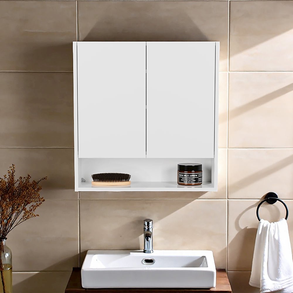 Double-Door Medicine Cabinet With Mirrored Doors And Interior Shelves, White. Picture 4
