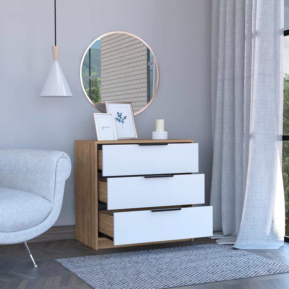 Kaia Three Drawer Dresser White / Pine MDF. Picture 5