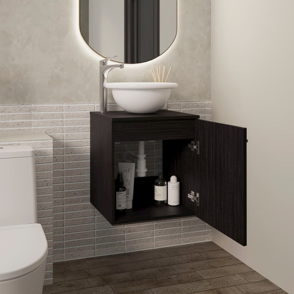 Floating,  Wide One-Door Cabinet Vanity, With Wessel Sink And One Shelf, Black. Picture 5