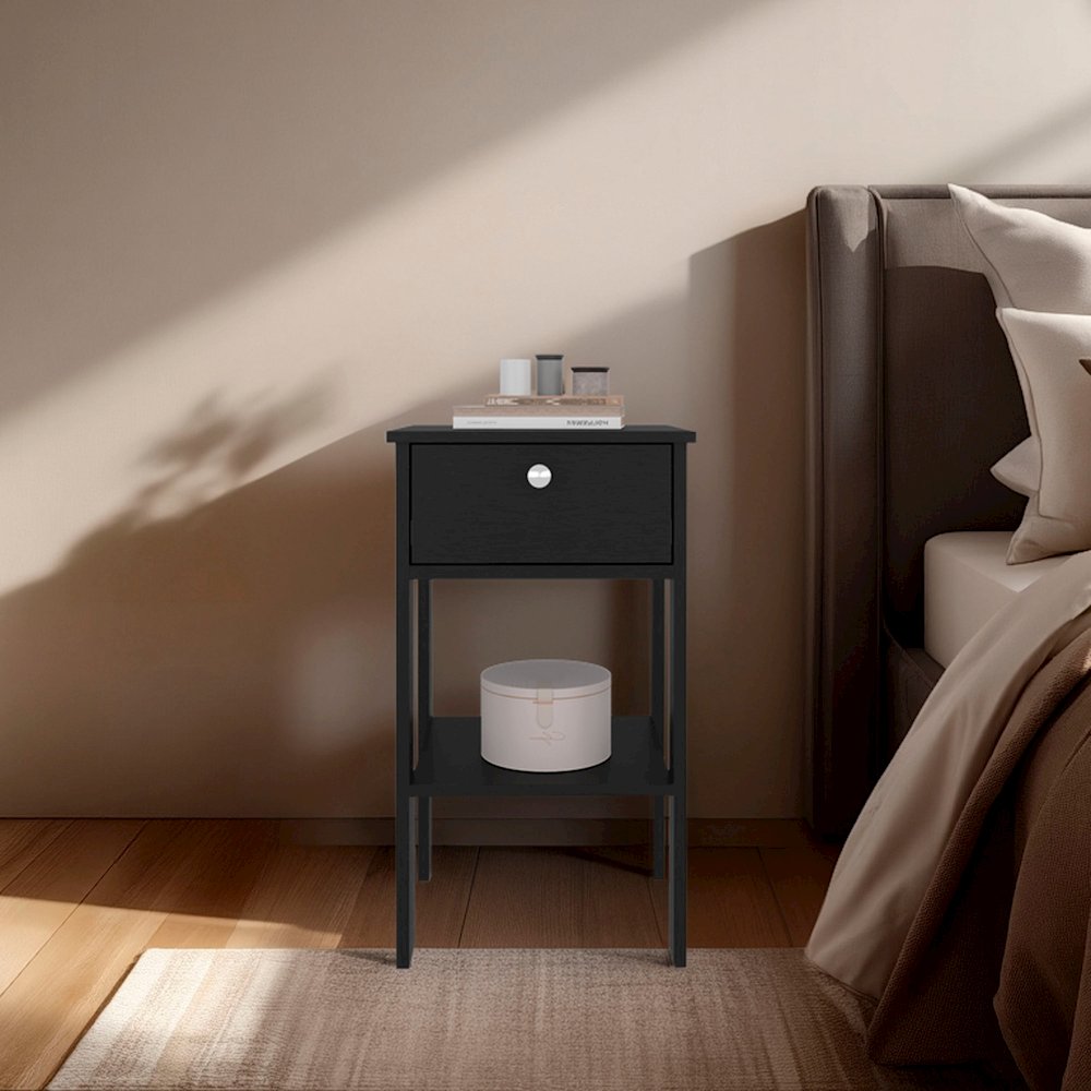 Newcastle Nightstand With One Drawer And Open Shelf, Modern Bedside Table, Black. Picture 4