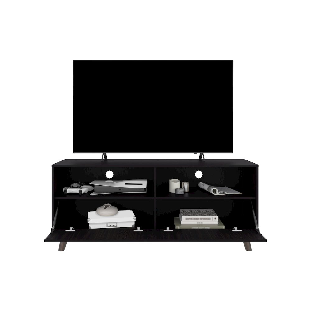Tv Stand With 2 Doors And Open Storage Shelves, Entertainment Center, Black. Picture 5