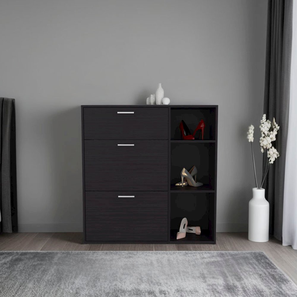 3-Door Shoe Rack with Interior Shelves, Side Shelves, One Drawer Storage Cabinet. Picture 4