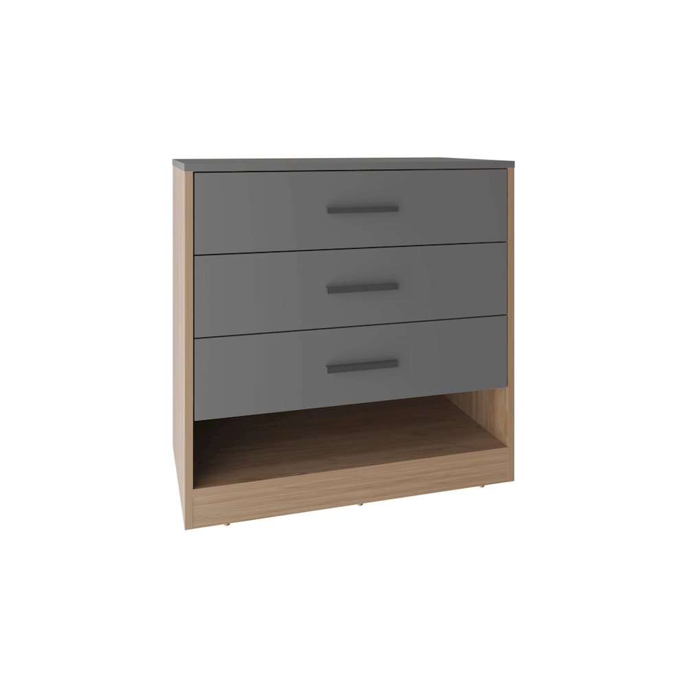 27" High Three Drawer Dresser And Open Shelf, Matte Gray - Natural Oak. Picture 2