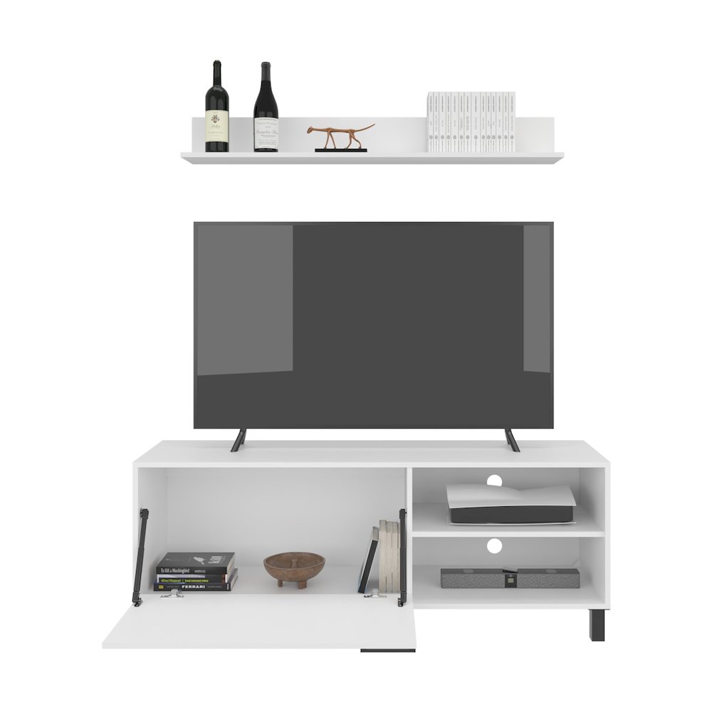Tv Stand Two Doors, Open Shelves And Spacious Top Surface, White. Picture 3